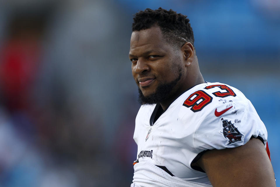 CHARLOTTE, NORTH CAROLINA - DECEMBER 26: Ndamukong Suh #93 of the Tampa Bay Buccaneers looks on during the second half of the game against the Carolina Panthers at Bank of America Stadium on December 26, 2021 in Charlotte, North Carolina. (Photo by Jared C. Tilton/Getty Images)