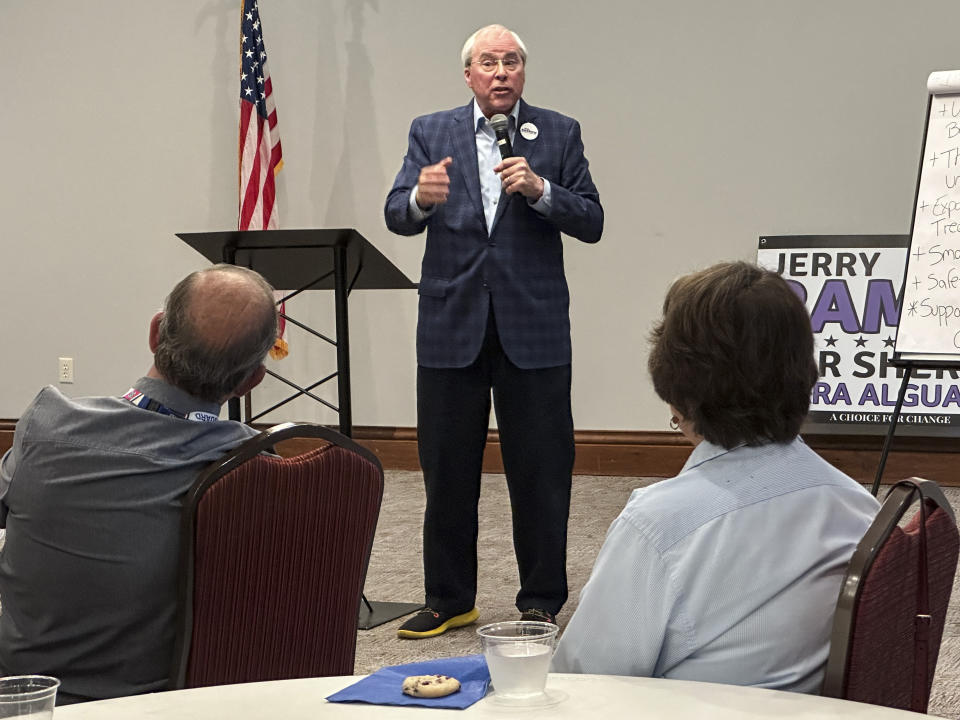 John Barrow speaks to a Democratic group in Hoschton, Ga., on Monday, April 15, 2024, seeking support in his race for the Georgia Supreme Court. Barrow is basing his campaign for the high court around his support for abortion rights as he challenges incumbent Justice Andrew Pinson in a nonpartisan election in May. (AP Photo/Jeff Amy)