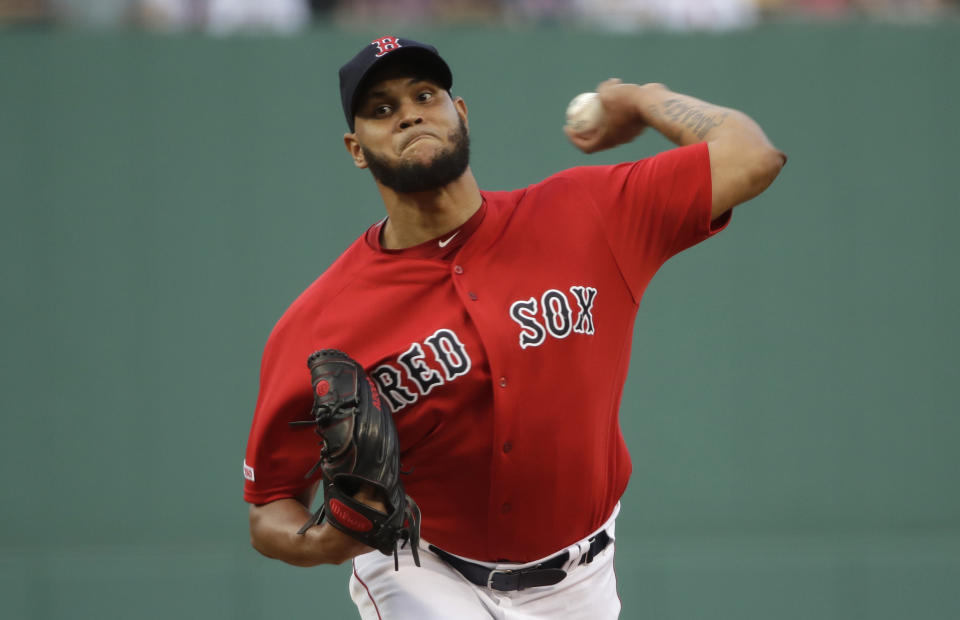 Boston Red Sox starting pitcher Eduardo Rodriguez delivers to a Los Angeles Dodgers batter during the first inning of a baseball game at Fenway Park, Friday, July 12, 2019, in Boston. (AP Photo/Elise Amendola)