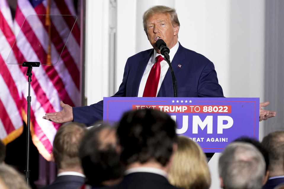 FILE - Former President Donald Trump speaks to supporters at Trump National Golf Club Bedminster, June 13, 2023, in Bedminster, N.J. Trump's arraignment in federal court has highlighted a popular strategy among Republicans: likening their opponents to “Marxists” and “communists.” Trump repeatedly referred to Democrats in those terms this past week, both in social media posts and in a speech after he pleaded guilty in federal court. (AP Photo/Mary Altaffer, File)