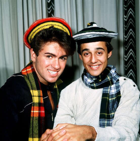 Wham pop group at Daily Record Offices, Glasgow, Scotland, 1983. (Photo by Daily Record/Mirrorpix/Getty Images)