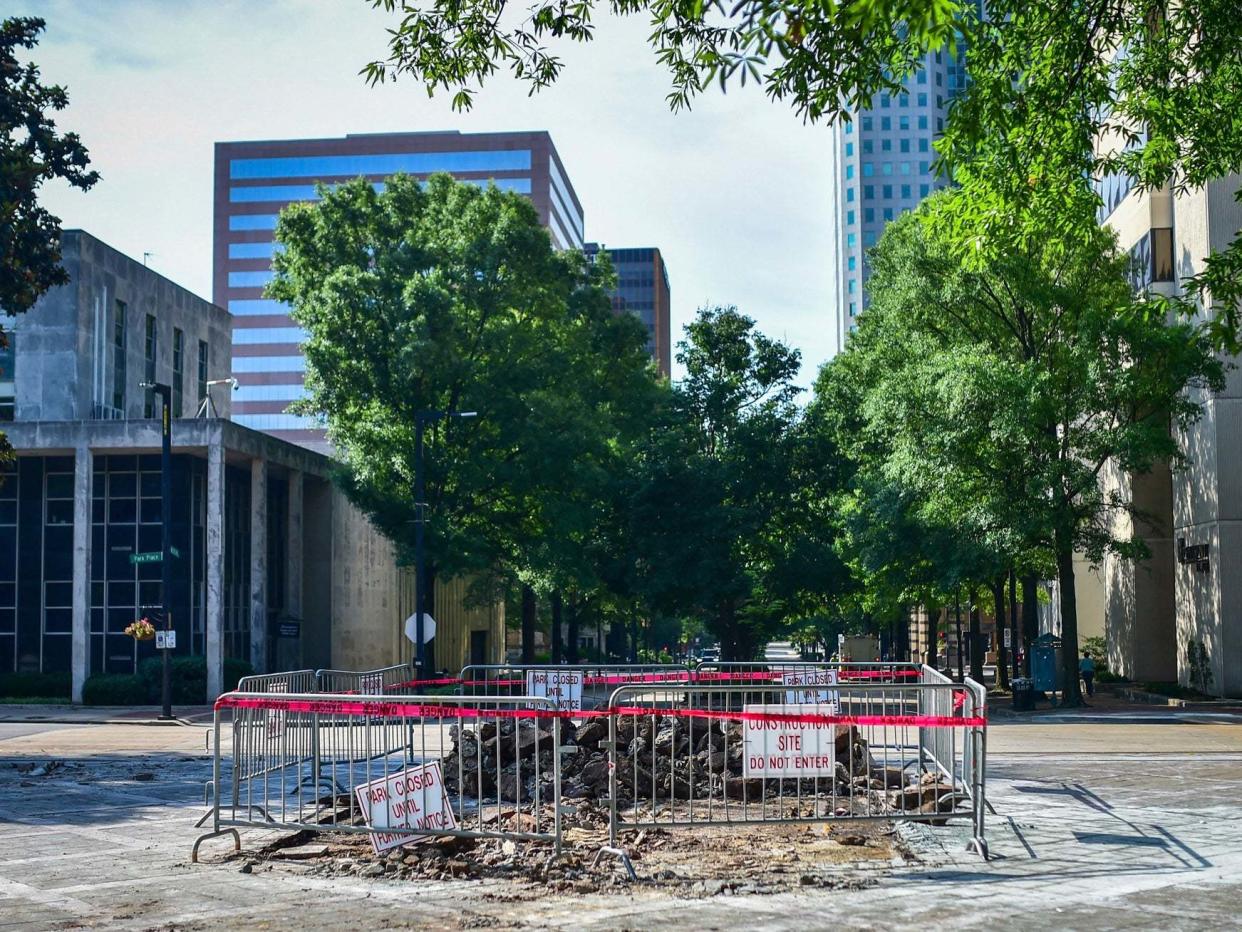 Rubble remains of the Confederate Soldiers & Sailors Monument in a park in Birmingham, Alabama: AP