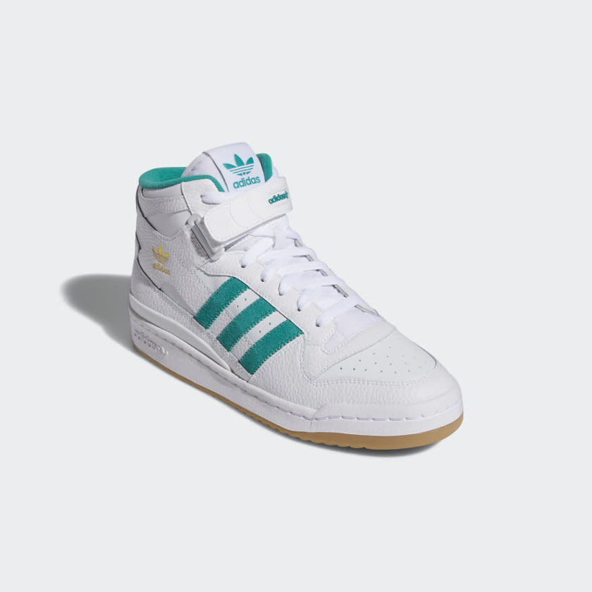 White Adidas sneaker with 3 teal stripes