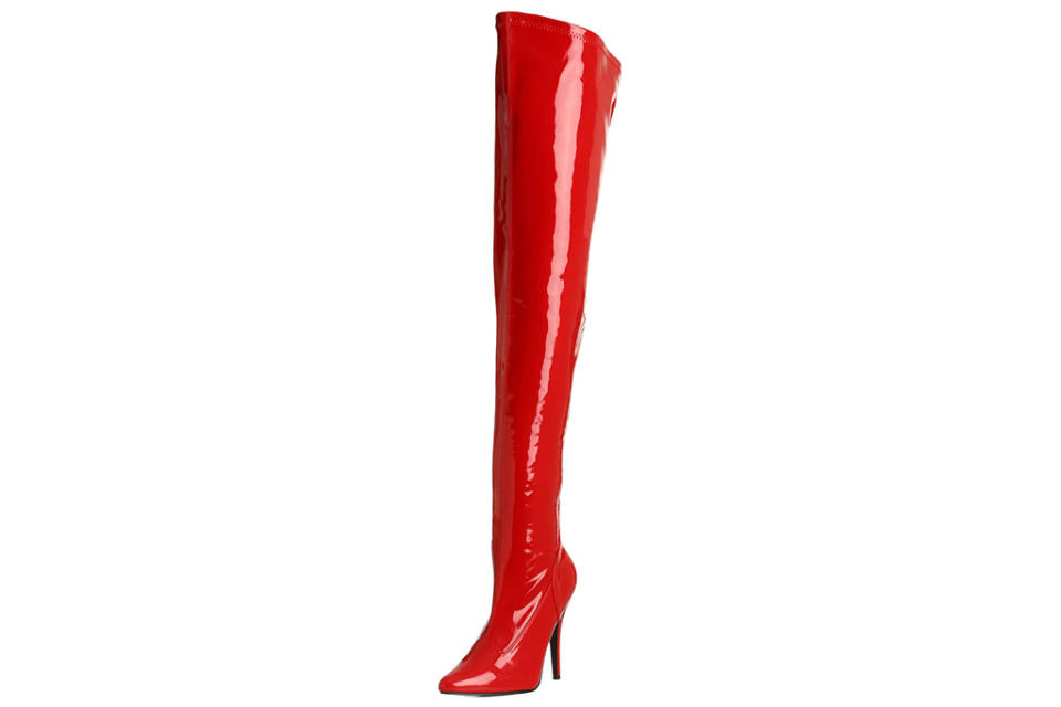 pleaser, thigh high, red boots