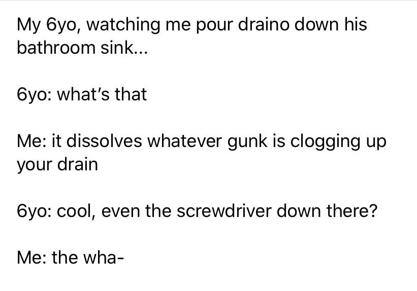 6-year-old reveals they put a screwdriver down the sink, which is why it's clogged up, as their parent is putting Drano down the sink