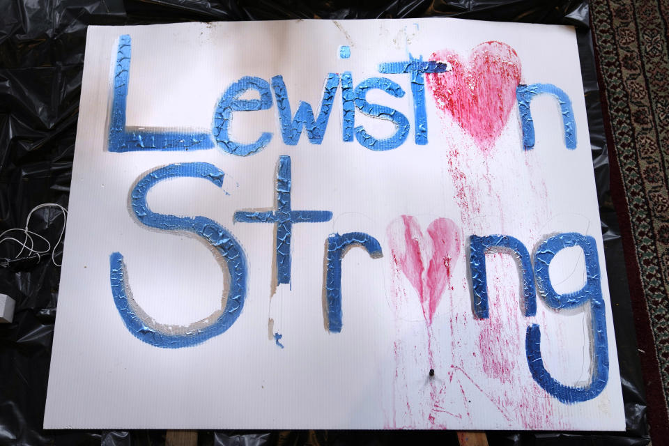 A "Lewiston Strong" sign, which is archived with other memorial items from the Lewiston shooting sites, is displayed at the Maine Museum of Innovation, Learning and Labor, Wednesday, Dec. 27, 2023, in Lewiston, Maine. (AP Photo/Charles Krupa)