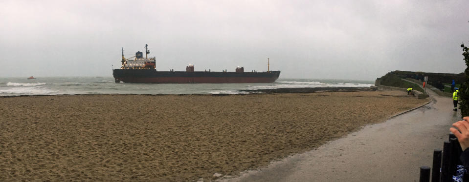 The 16,000-tonne Russian cargo ship ran aground off Gyllyngvase Beach in Cornwall. (Twitter)