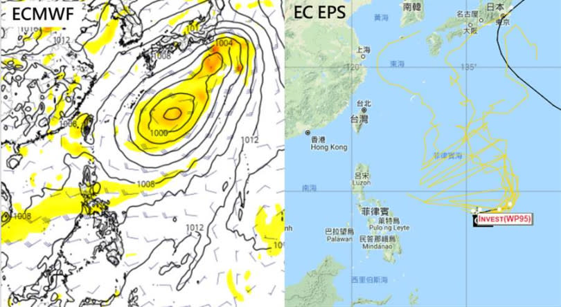 歐洲模式系集模擬(EC EPS)顯示，預測路徑與台灣有一段不小的距離。(摘自吳德榮專欄《三立準氣象老大洩天機》)