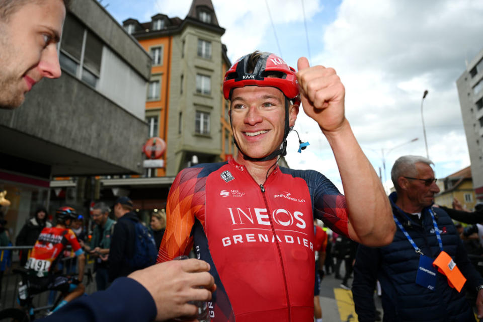 LA CHAUXDEFONDS SWITZERLAND  APRIL 27 Stage winner Ethan Hayter of United Kingdom and Team INEOS Grenadiers reacts after the 76th Tour De Romandie 2023 Stage 2 a 1627km stage from Morteau to La ChauxdeFonds  UCIWT  on April 27 2023 in La ChauxdeFonds Switzerland Photo by Dario BelingheriGetty Images
