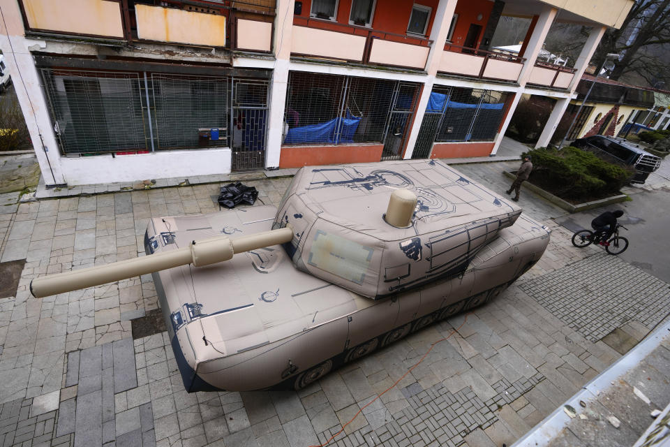 An inflatable decoy of an Abrams tank is presented to media in Decin, Czech Republic, Monday, March 6, 2023. Czech company, Inflatech, has made a wide range of replicas of heavy arms, be it tanks, armoured vehicles, aircraft or artillery, including U.S.-made HIMARS rocket system, the weapons that were among the billions of dollars in Western military aid that has helped Ukraine fight off the Russians since the Feb. 24 invasion. (AP Photo/Petr David Josek)