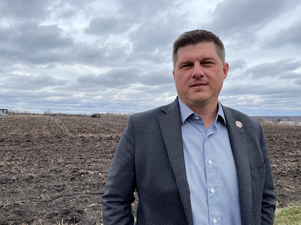 FILE - Republican former U.S Department of Agriculture official Brad Finstad, of New Ulm, Minn., poses in this undated photo. Finstad will face Democratic former Hormel Foods chief executive Jeff Ettinger in an August special election to finish the term of the late GOP U.S. Rep. Jim Hagedorn. (Mark Zdechlik/Minnesota Public Radio via AP, File)