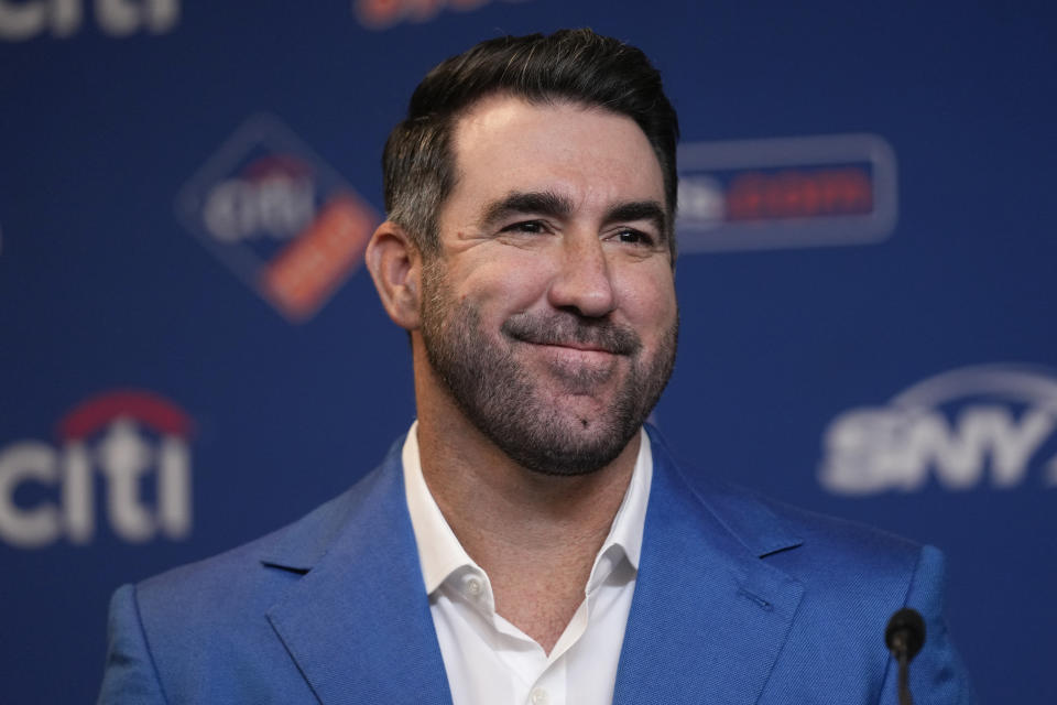 New York Mets baseball pitcher Justin Verlander attends a news conference at Citi Field, Tuesday, Dec. 20, 2022, in New York. The team introduced Verlander after they agreed to a $86.7 million, two-year contract. It's part of an offseason spending spree in which the Mets have committed $476.7 million on seven free agents. (AP Photo/Seth Wenig)