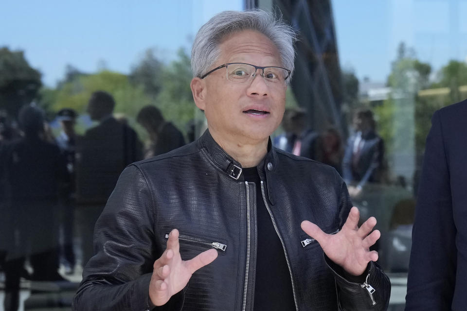 FILE - Nvidia CEO Jensen Huang speaks at the company's office in Santa Clara, California on April 16, 2024.  Nvidia reports earnings on Wednesday, May 22, 2024.  (AP Photo/Jeff Chiu, File)