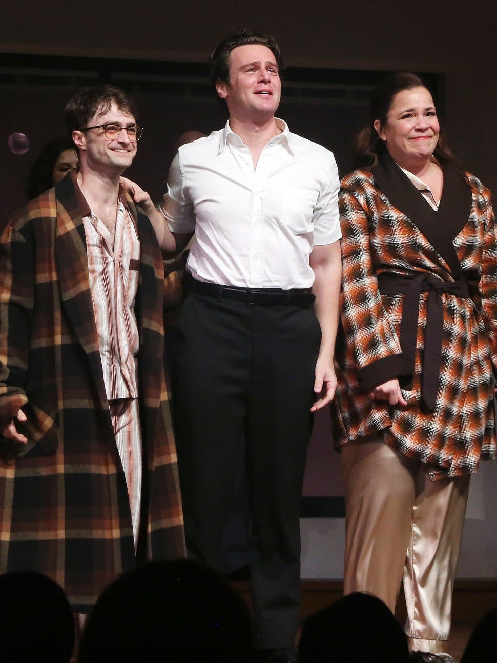 Daniel Radcliffe, Jonathan Groff and Lindsay Mendez during the opening night curtain call for Stephen Sondheim's 'Merrily We Roll Along' on Broadway at The Hudson Theater on October 8, 2023 