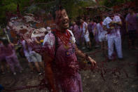 <p>A man has wine thrown on him as he takes part in a wine battle, in the small village of Haro, northern Spain, Friday, June 29, 2018. (Photo: Alvaro Barrientos/AP) </p>