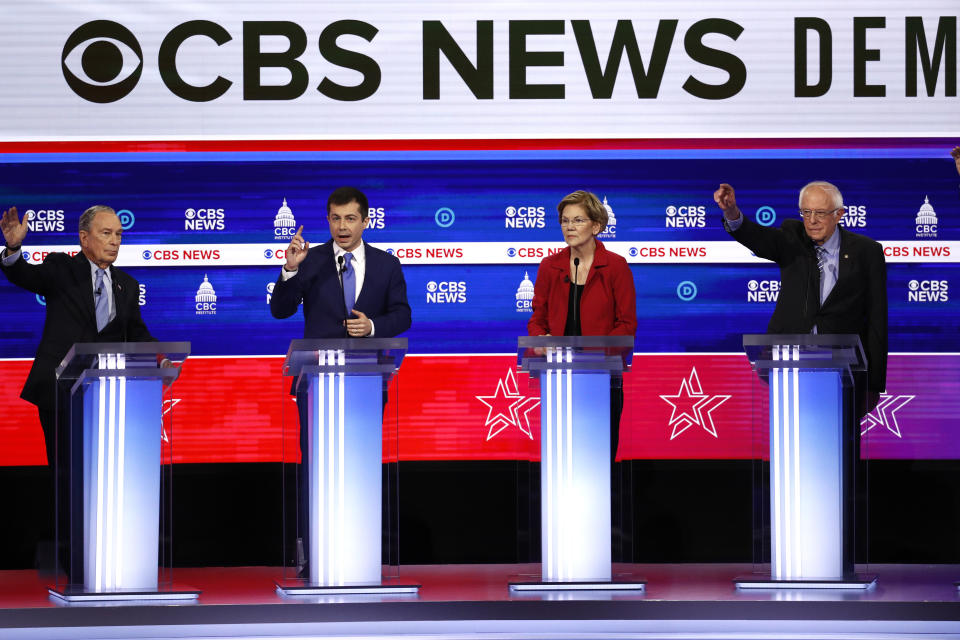 From left, Democratic presidential candidates, former New York City Mayor Mike Bloomberg, former South Bend Mayor Pete Buttigieg, Sen. Elizabeth Warren, D-Mass., and Sen. Bernie Sanders, I-Vt., participate in a Democratic presidential primary debate at the Gaillard Center, Tuesday, Feb. 25, 2020, in Charleston, S.C., co-hosted by CBS News and the Congressional Black Caucus Institute. (AP Photo/Patrick Semansky)