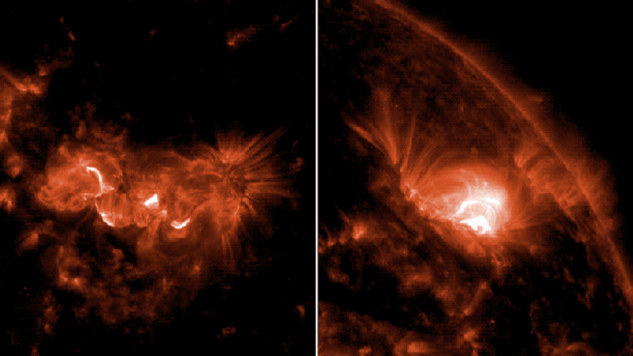<div>NASA’s Solar Dynamics Observatory captured these images of the solar flares — as seen in the bright flashes in the left image (May 8 flare) and the right image (May 7 flare). The image shows a subset of extreme ultraviolet light that highlights the extremely hot material in flares and which is colorized in orange.</div> <strong>(NASA/SDO / NOAA)</strong>