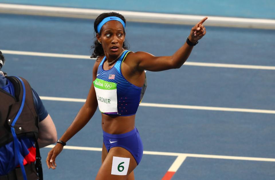 English Gardner (USA) competes in a women's 100-meter heat.