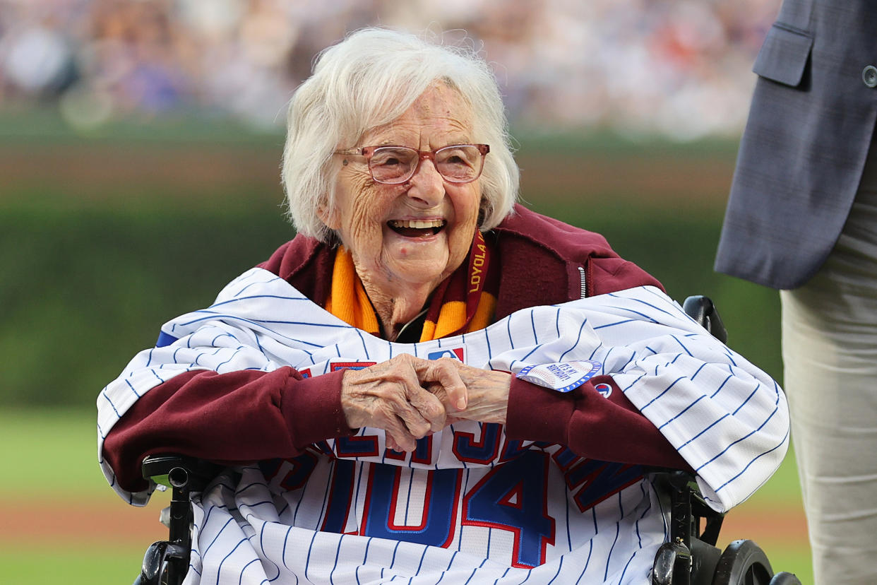 Jean Dolores Schmidt, known as Sister Jean, looks on before throwing out the first pitch prior to the game between the Chicago Cubs and the Milwaukee Brewers on Monday at Wrigley Field. (Photo by Michael Reaves/Getty Images)