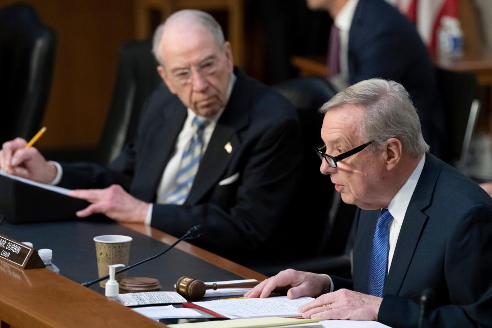 Sen. Chuck Grassley, R-Iowa, the ranking member of the Senate Judiciary Committee, left, listens as Sen. Dick Durbin, D-Ill., chairman of the Senate Judiciary Committee, speaks during Supreme Court nominee Judge Ketanji Brown Jackson's confirmation hearing before the Senate Judiciary Committee hearing on Capitol Hill in Washington, Wednesday, March 23, 2022.