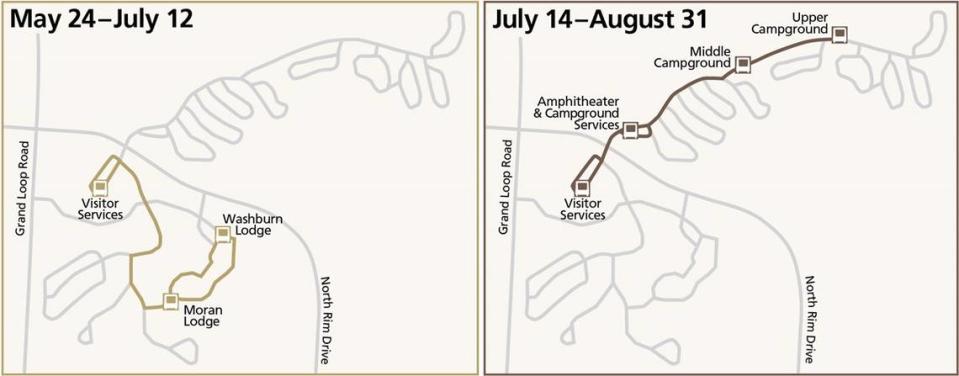 Important: May 24–July 12, the shuttle will run the hotel to visitor services route. July 13 is a changeover day, meaning no service. July 14–August 31, the shuttle will run between the campground and visitor services.