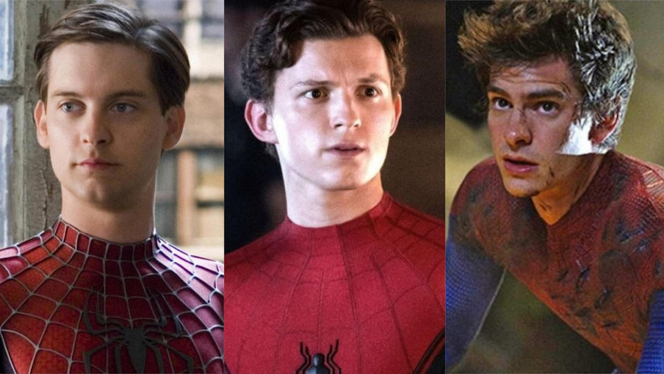 A side by side of Tobey Maguire, Tom Holland, and Andrew Garfield as Spider-Man. The three all appear in Spider-Man: No Way Home