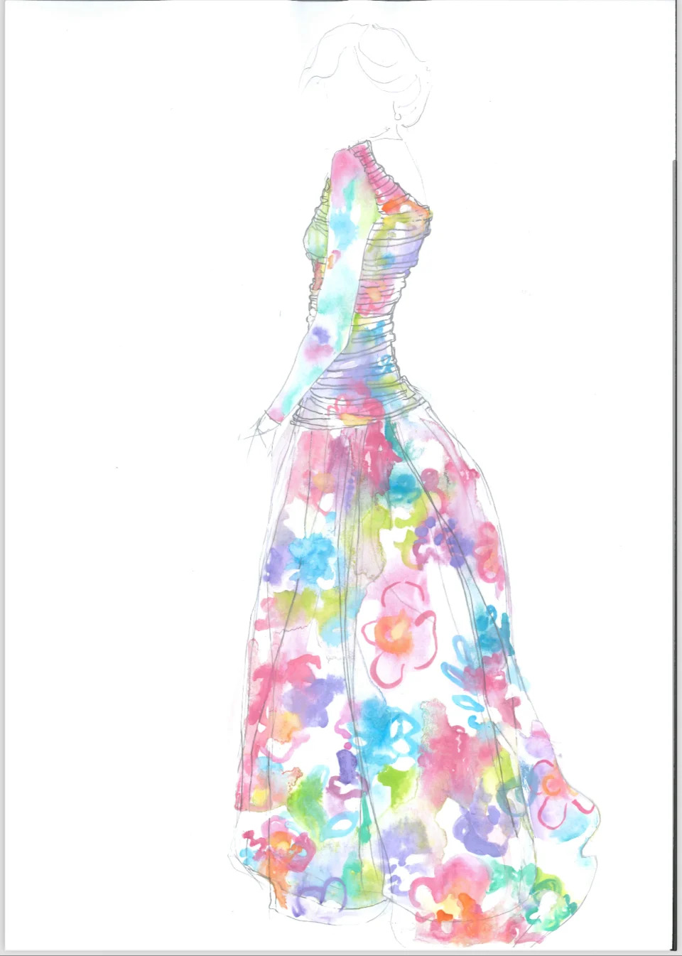 An illustration of a Princess Diana floral dress, designed by Roberts, for Season 4. 