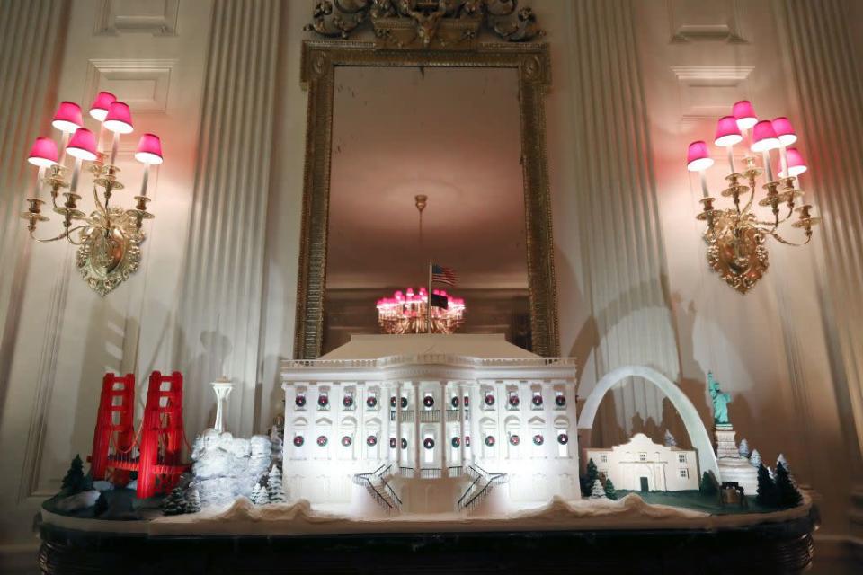 <p>The Trumps' 2019 gingerbread house included an edible model of the White House, plus miniature versions of the Golden Gate Bridge, St. Louis Gateway Arch, and Statue of Liberty. </p>
