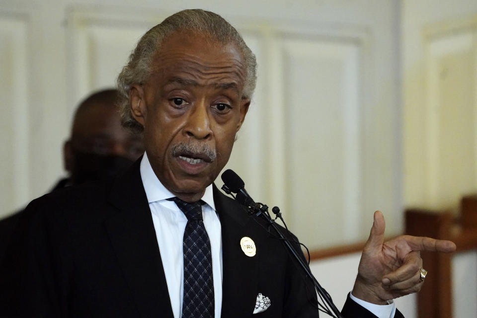 Rev. Al Sharpton speaks during a funeral service for Brianna Grier Thursday, Aug. 11, 2022, in Atlanta. The 28-year-old Georgia woman died after she fell from a moving patrol car following her arrest. (AP Photo/John Bazemore)