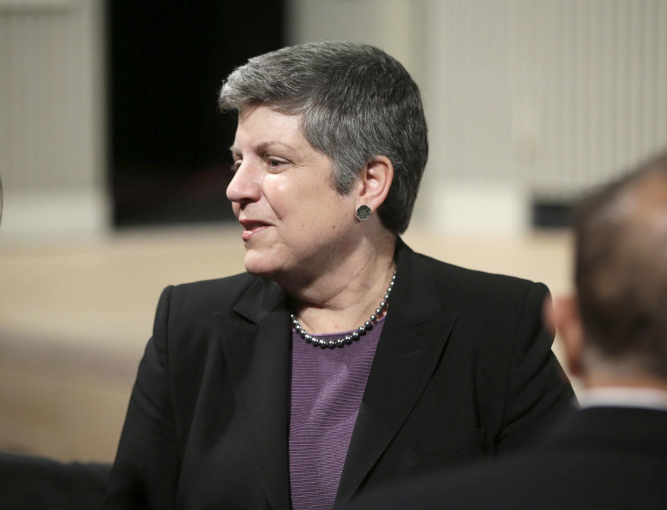 In this Nov. 25, 2013 photo, former Secretary of Homeland Security Janet Napolitano greets other guests at a DNC fundraiser at the San Francisco Jazz Center in San Francisco. Napolitano, the current President of the University of California system, is set to lead the U.S. delegation to the Sochi Games. (AP Photo/Pablo Martinez Monsivais)