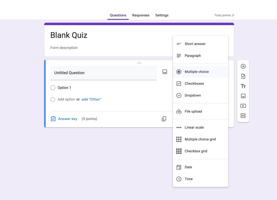 A screenshot of a blank quiz on Google Forms shows the dropdown menu for quiz questions, featuring options like "Multiple choice," "Checkboxes," "Short answer," and more.