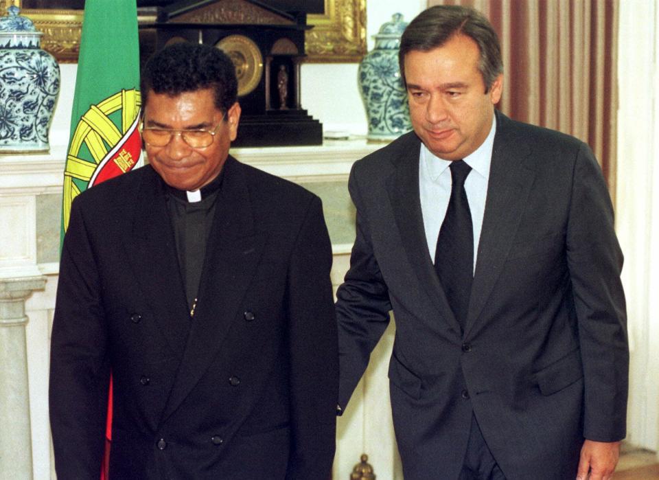 FILE - East Timor's Roman Catholic Bishop Carlos Ximenes Belo, left, and Portuguese Prime Minister Antonio Guterres look aprehensive after a meeting at the Prime Minister's residence in Lisbon, on Sept. 11, 1999. Belo has been accused in a Dutch magazine article of sexually abusing boys in East Timor in the 1990s, rocking the Catholic Church in the impoverished nation and forcing officials at the Vatican and his religious order to scramble to provide answers. (AP Photo/Gael Cornier, File)