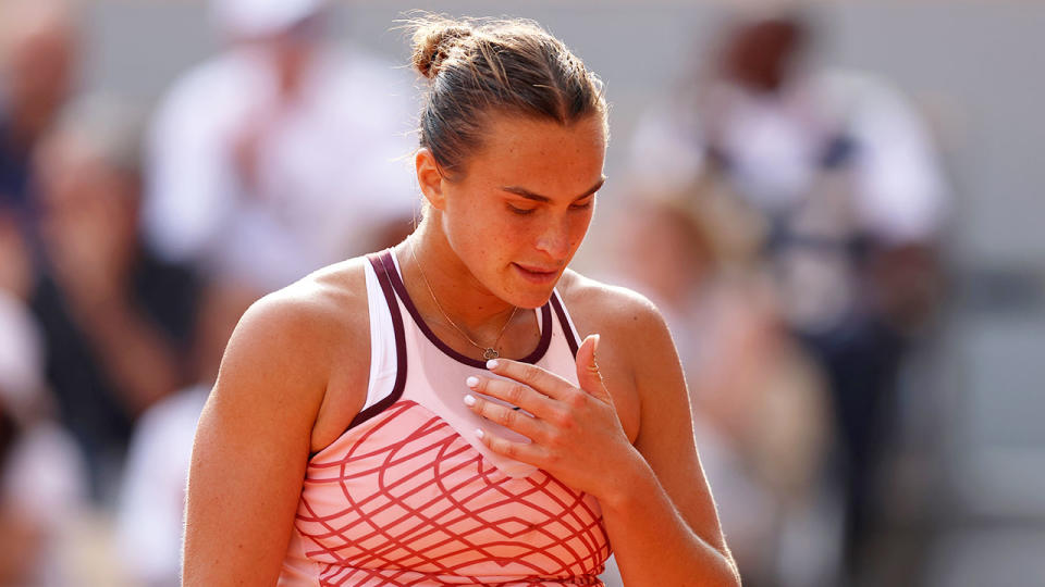 Seen here, Aryna Sabalenka cuts a dejected figure in her French Open semi-final.
