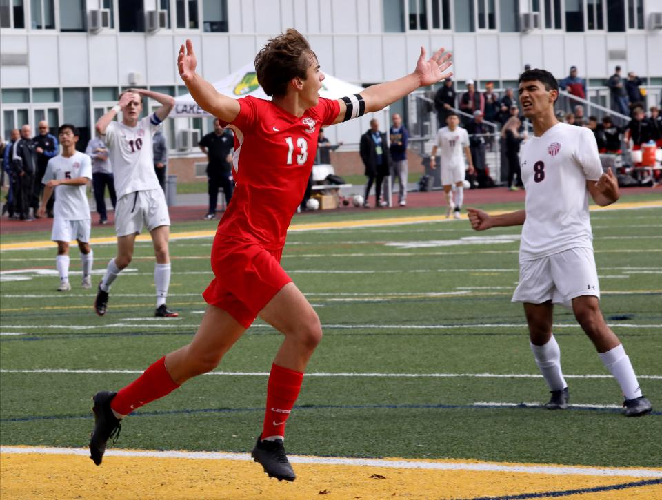 Somers' Daniel D'Ippolito celebrates his goal against Eastchester during their Section 1 Class A boys soccer final at Lakeland High School on Oct. 30, 2021.