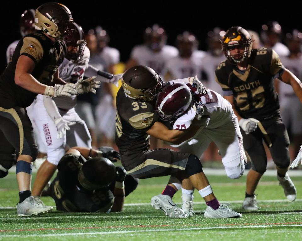 Clarkstown South defeats Harrison 38-37 in overtime in football action at Clarkstown South High School in West Nyack on Friday, September 9, 2022.