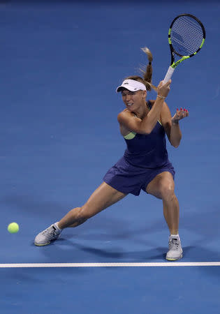 Tennis - WTA Premier 5 - Qatar Open - Semifinals - Doha, Qatar - February 17, 2018. Caroline Wozniacki of Denmark in action against Petra Kvitova of Czech Republic. REUTERS/Ibraheem Al Omari