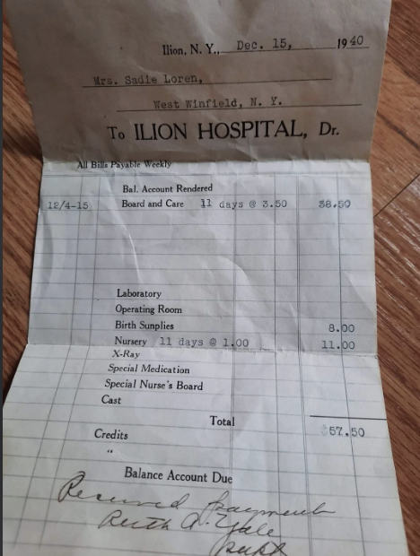 A 1940 medical bill addressed to Mrs. Sadie Loren from Ilion Hospital, detailing charges for board and care, nursing, laboratory, birth supplies, and X-ray, totaling $57.50