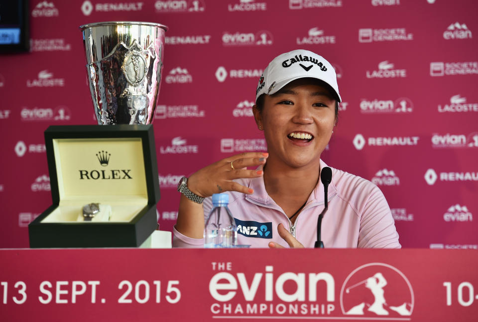 Lydia Ko of New Zealand speaks to the media during her press conference after winning the Evian Championship Golf on September 13, 2015 in Evian-les-Bains, France. (Photo by Stuart Franklin/Getty Images)