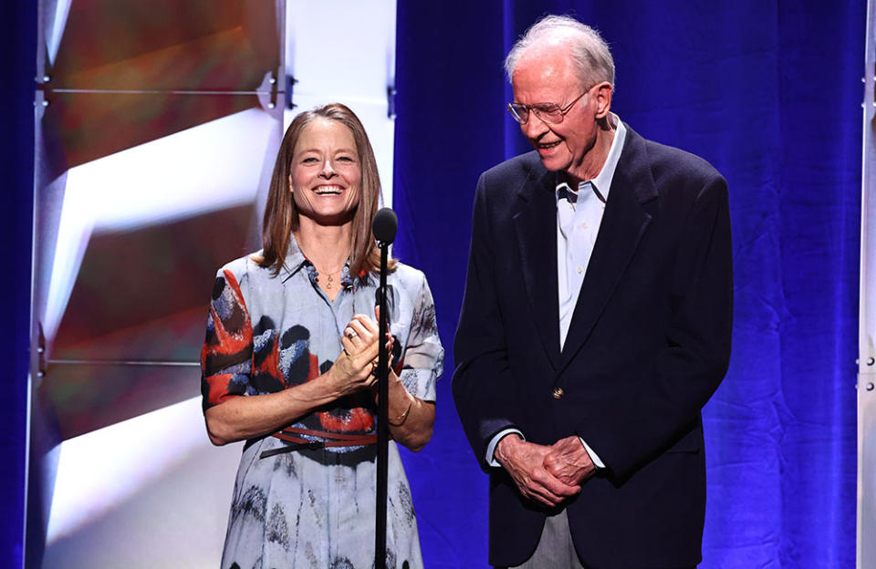 Jodie Foster and Harry Northup, who worked together on such films as Silence of the Lambs and Taxi Driver, reunited to share their experiences with MPTF. Northup is now a resident after having lost his home to an electrical fire and he’s been so moved by the experience that he dedicated a book of poetry to MPTF. - Credit: Courtesy of Shutterstock for MPTF