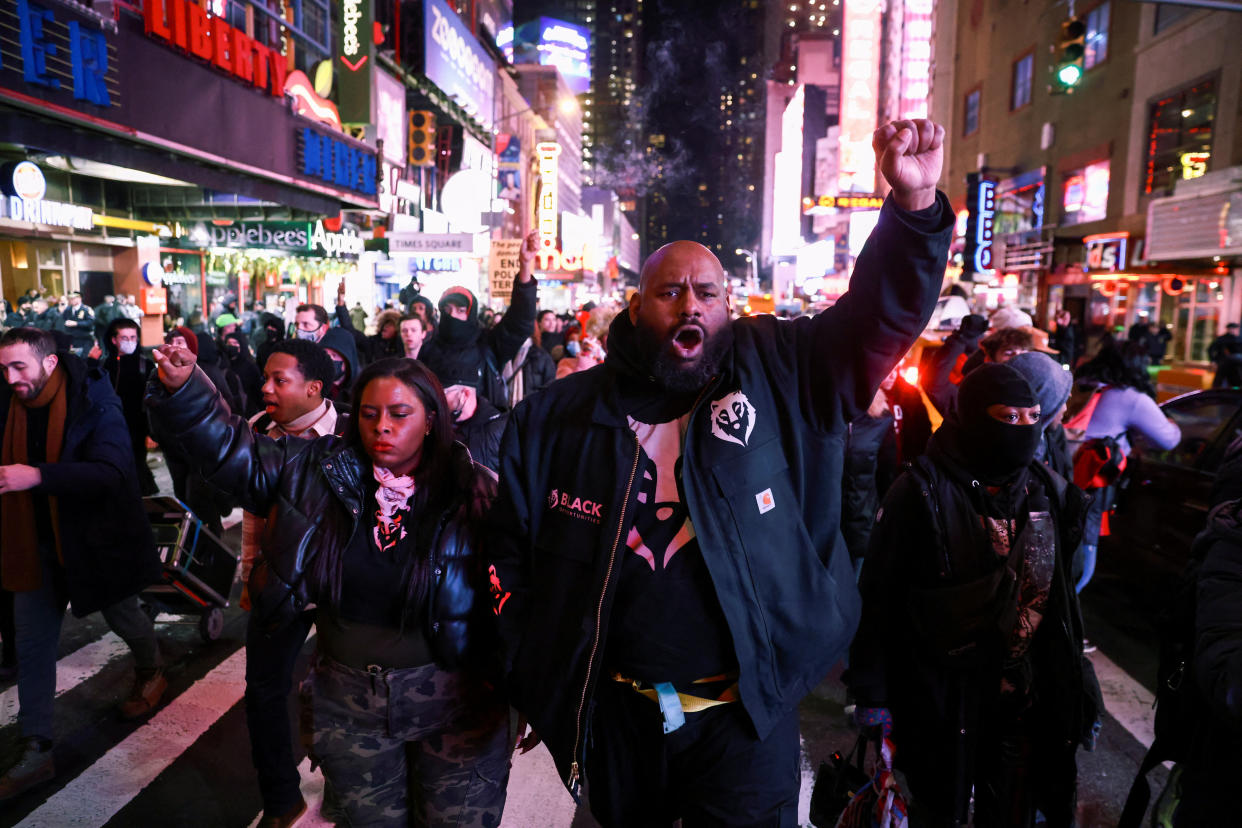 People take part in a protest in New York