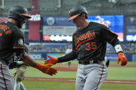 Baltimore Orioles' Adley Rutschman (35) celebrates with on-deck batter Anthony Santander after his solo home run off Tampa Bay Rays starting pitcher Corey Kluber during the first inning of a baseball game Friday, Aug. 12, 2022, in St. Petersburg, Fla. (AP Photo/Chris O'Meara)