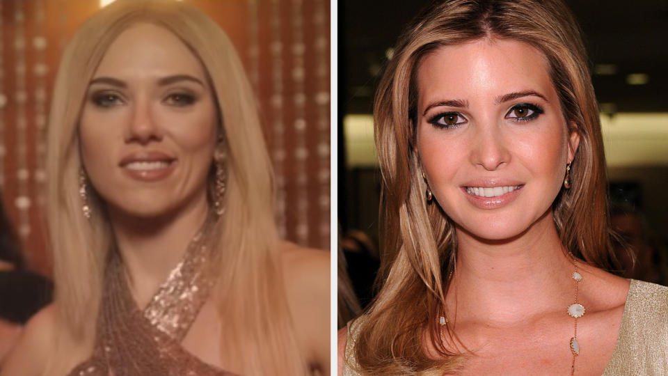 Scarlett Johansson smiling in a blonde wig side by side with Ivanka Trump