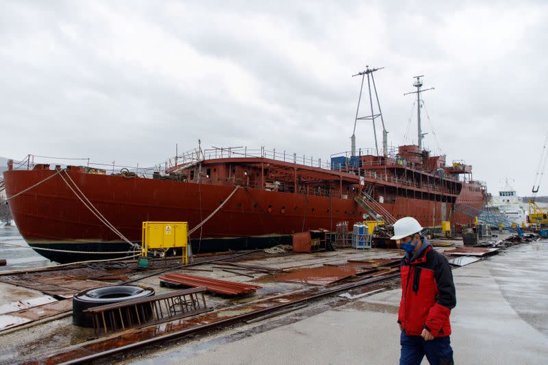 The Galeb yacht is seen in Kraljevica shipyard