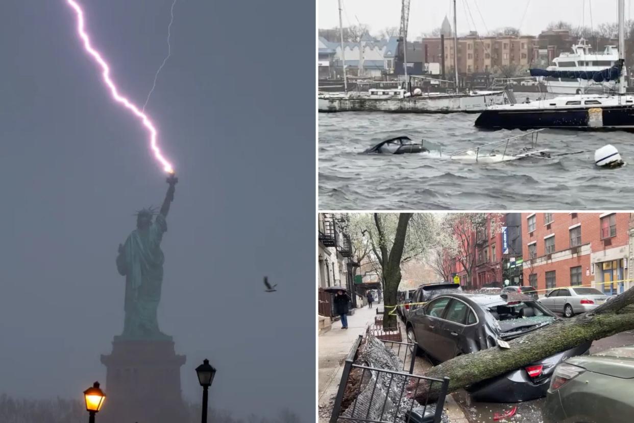 Crazy photos show boat sinking, lightning striking Statue of Liberty during wild NY storm.