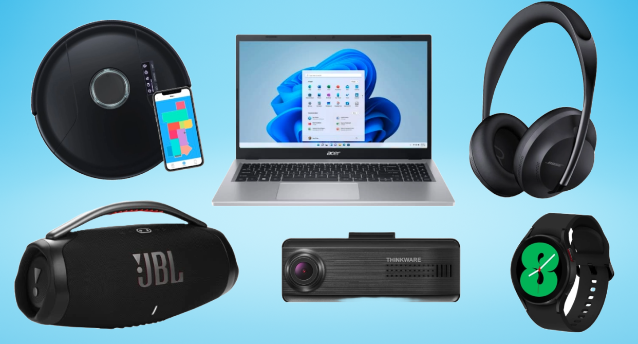 Best Buy Canada laptop headphones smart watch robot vacuum dash cam and speaker on blue background