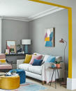 <p> If you're a color lover, it's a great idea to see a pale grey as a simple blank canvas from which you can mix and match colors of your choice. Like with many interior design rules, think odd numbers. In the above image, three colors are used together throughout the space in various shades - pink, blue and yellow – and it works to bring life to the neutral gray scheme.  </p> <p> Yellow and gray living rooms are a popular choice as this color combo never disappoints.     </p>