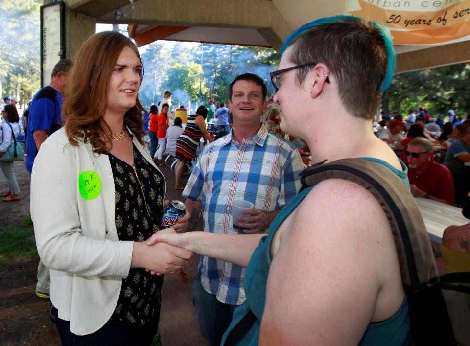 Democratic Senate candidate from Utah, Misty Snow, talks with supporters at a campaign barbecue event on July 13, 2016 in Salt Lake City, Utah. (Photo: George Frey/Getty Images)