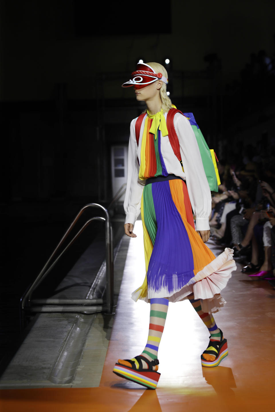 A model wears a creation as part of the Benetton Spring-Summer 2020 collection, unveiled during the fashion week, in Milan, Italy, Tuesday, Sept. 17, 2019. (AP Photo/Luca Bruno)