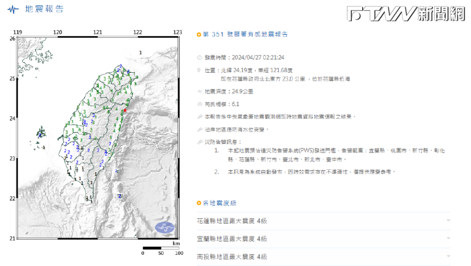 403餘震恐再搖半年，凌晨規模6.1地震搖醒13縣市。（圖／中央氣象署　官網）