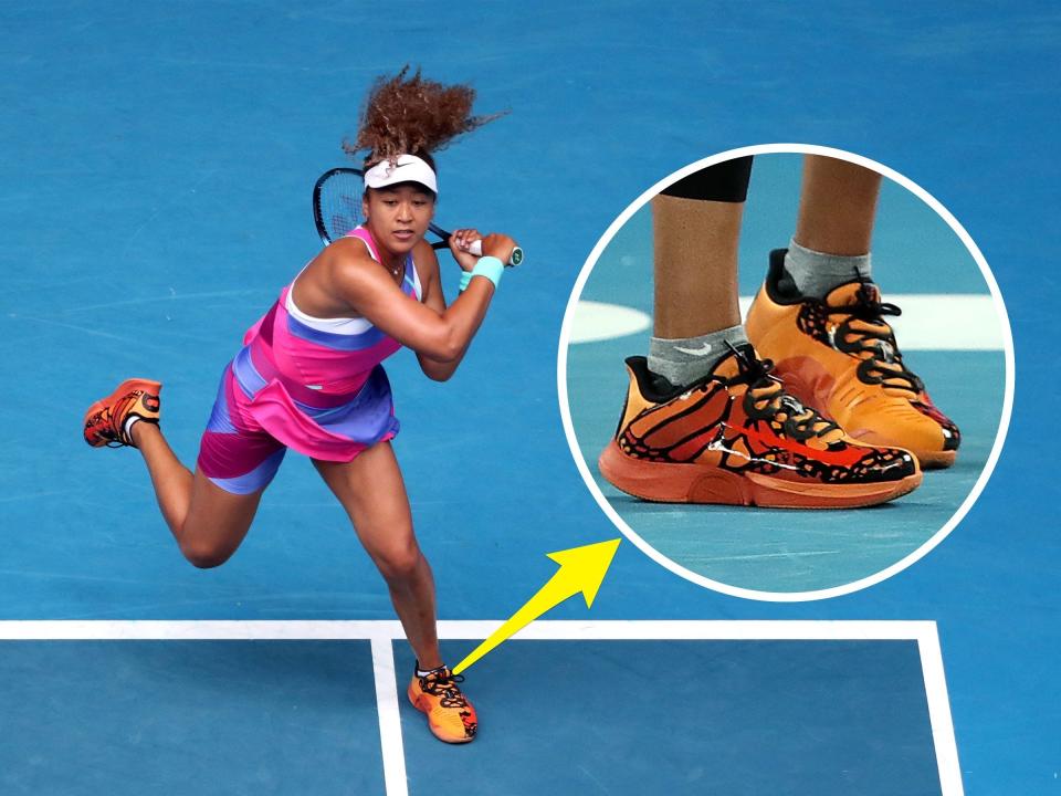 Naomi Osaka wears custom butterfly Nike shoes at the 2022 Australian Open.